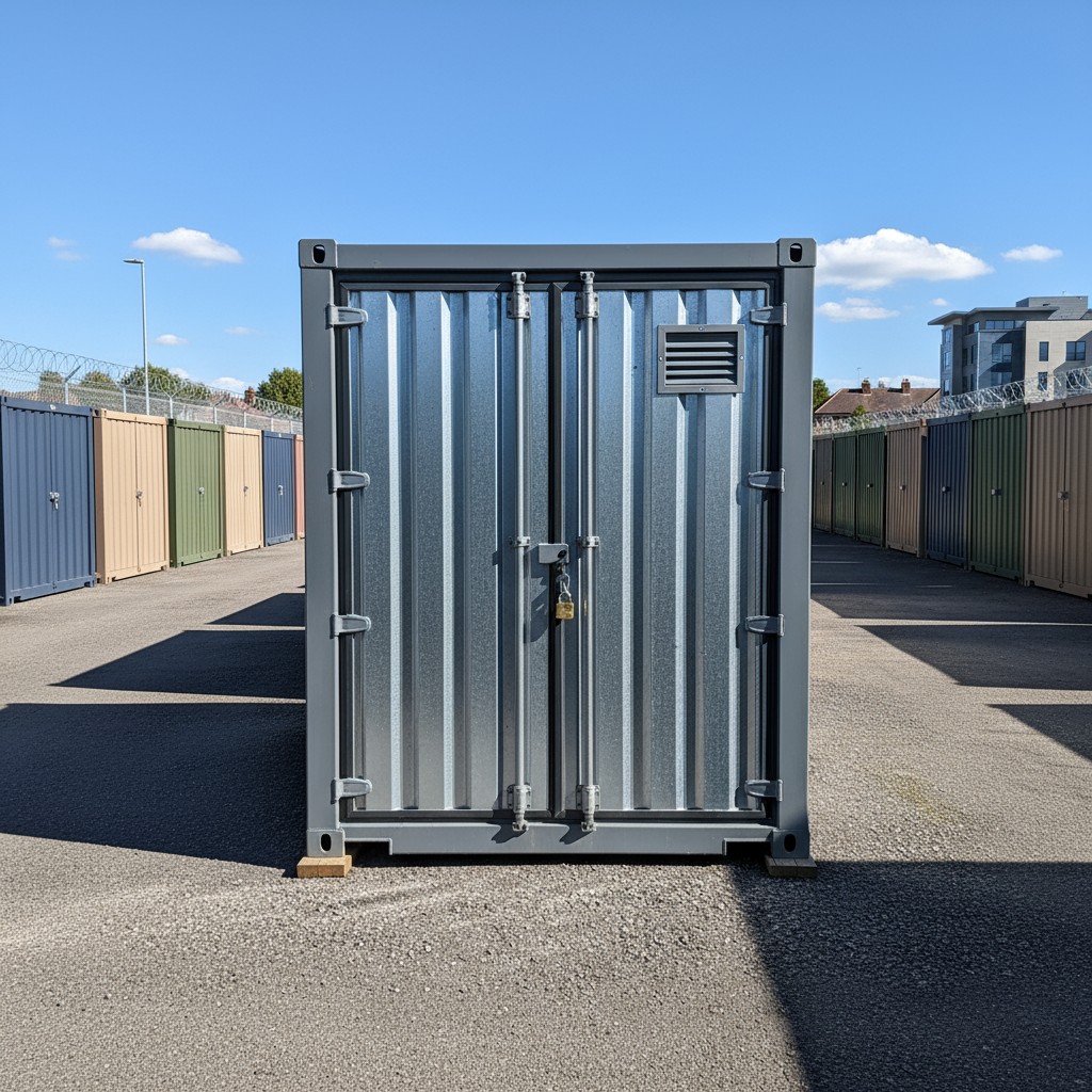 A large metal door that is attached to a smaller building structure. A padlock hangs from the center of the door. To the r...