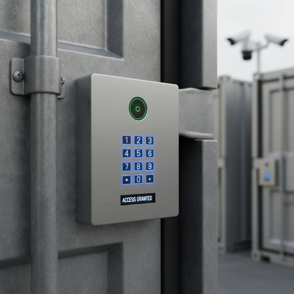 The image depicts a gray metal keypad with a numerical keypad, a green circle at the top, and a small square label with wh...